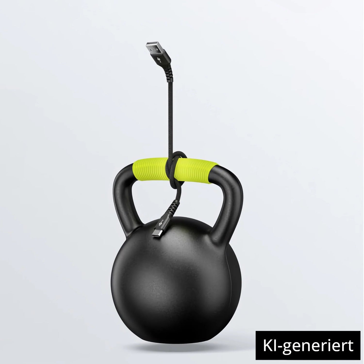 Eine schwarze Kettlebell mit einem grünen Griff und einem Goobay USB-C auf USB-A Textilkabel mit Metallsteckern am oberen Griff. KI-generiert.