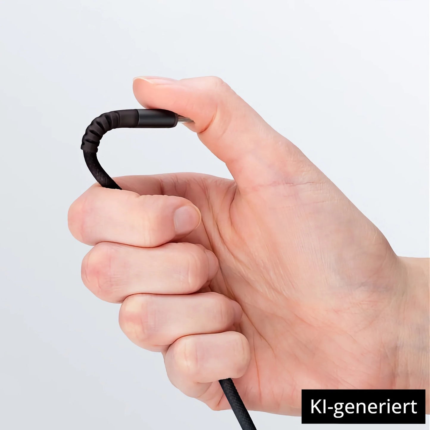 Eine Hand hält ein Goobay USB-C auf USB-A Textilkabel mit Metallsteckern, dargestellt mit einem gebogenen Stecker vor einem schlichten hellen Hintergrund. KI-generiert.