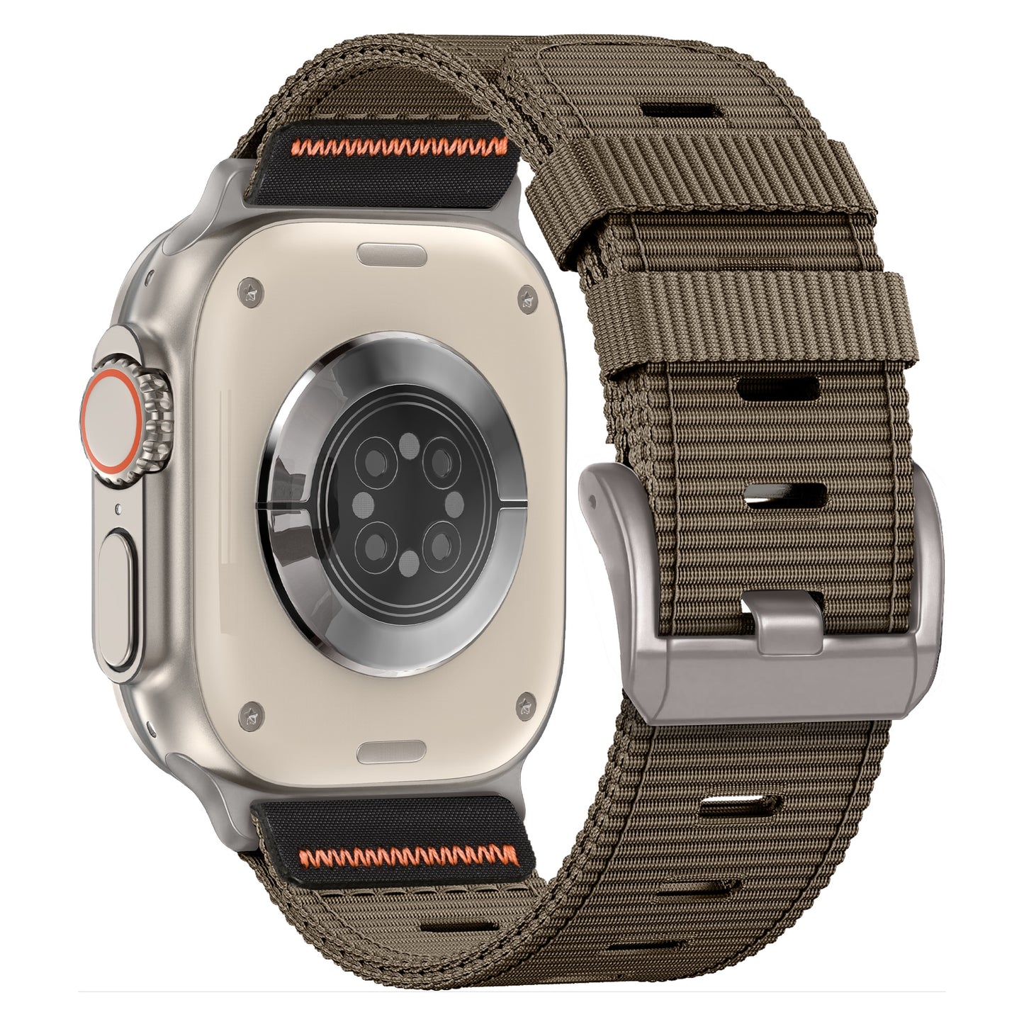 Rückansicht des arktisband Apple Watch Armbands "Terra" mit khakifarbenem Nylonband, extrabreitem 24-mm-Band und orangefarbenen Nähten am Gehäuse.