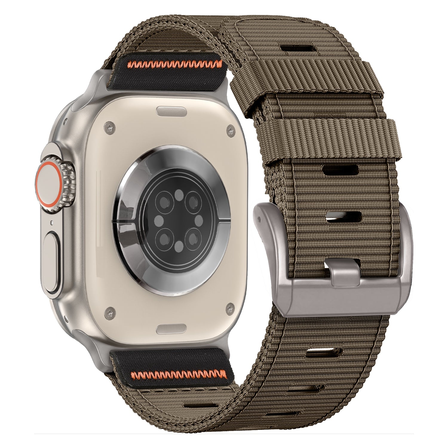 Rückansicht des arktisband Apple Watch Armbands "Terra" mit khakifarbenem Nylonband, extrabreitem 24-mm-Band und orangefarbenen Nähten am Gehäuse.