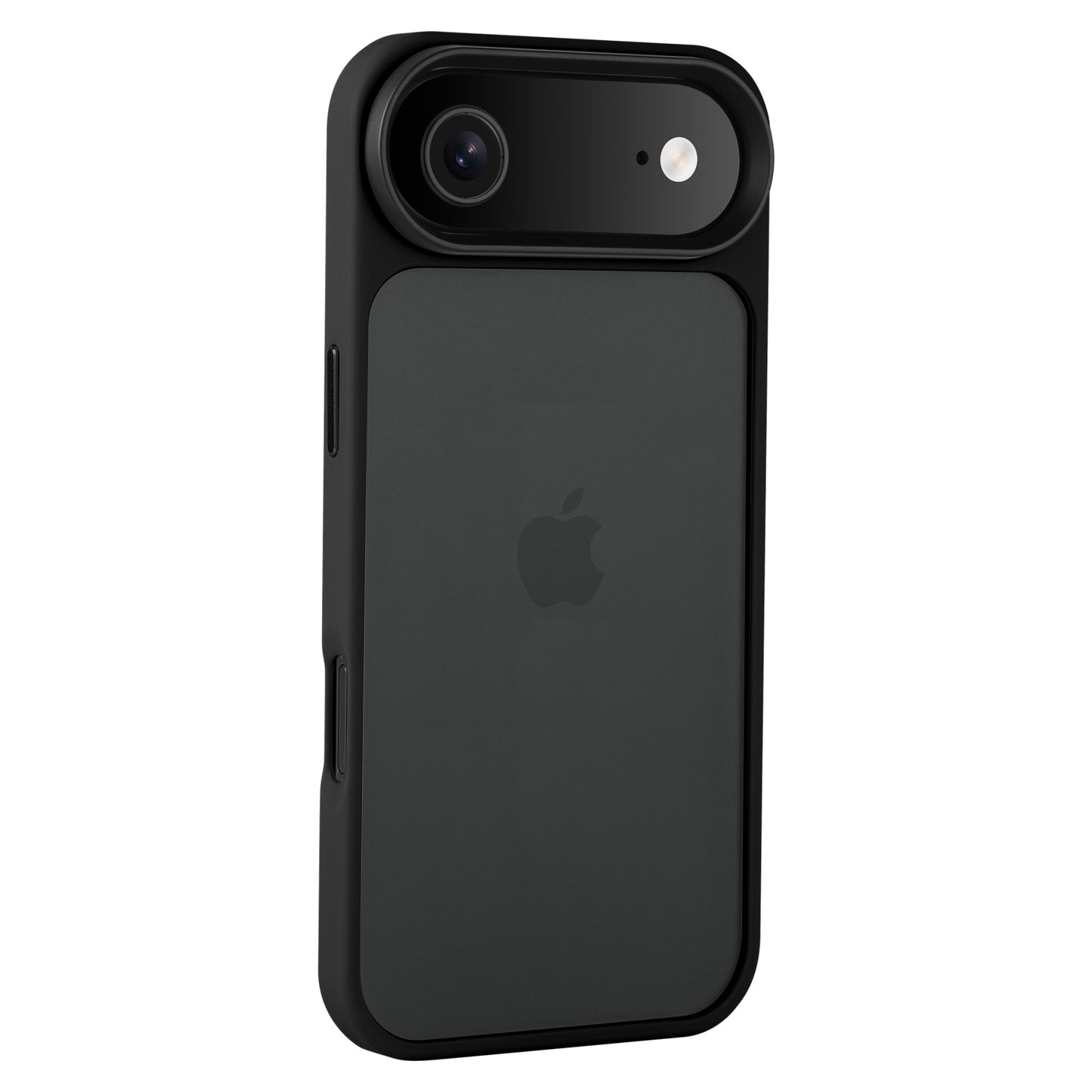 Ein schwarzes iPhone mit Kamera und Blitz wird in der eleganten, stoßdämpfenden Arktis iPhone Air Solid Hülle gezeigt, die das Apple-Logo zeigt.