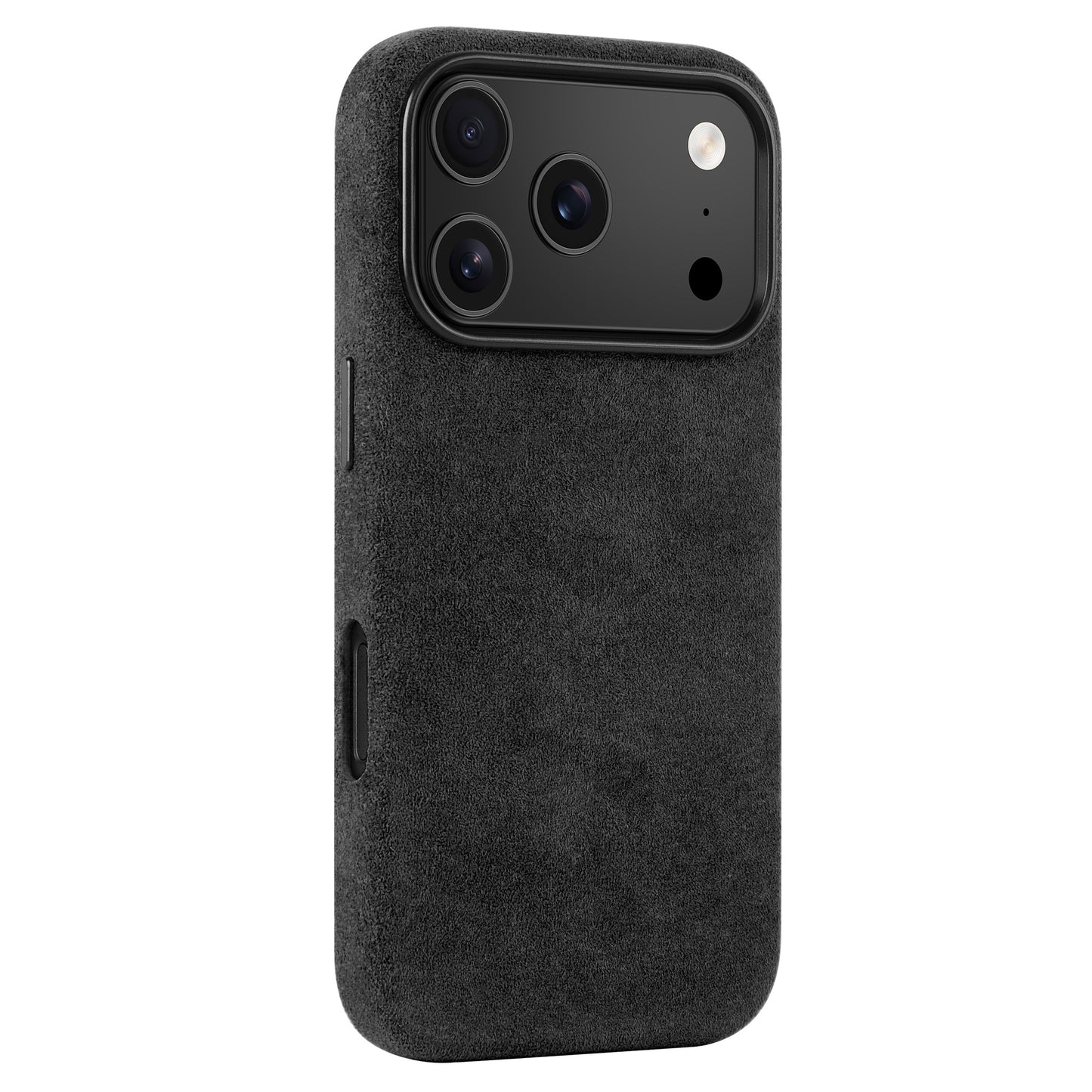 Die arktis iPhone 17 Pro Hülle aus Alcantara hat eine dunkle, strukturierte Oberfläche und passt perfekt zu den drei rückwärtigen Kameras Ihres iPhone 17 Pro. Hergestellt in Italien für Premium-Qualität und Stil.
