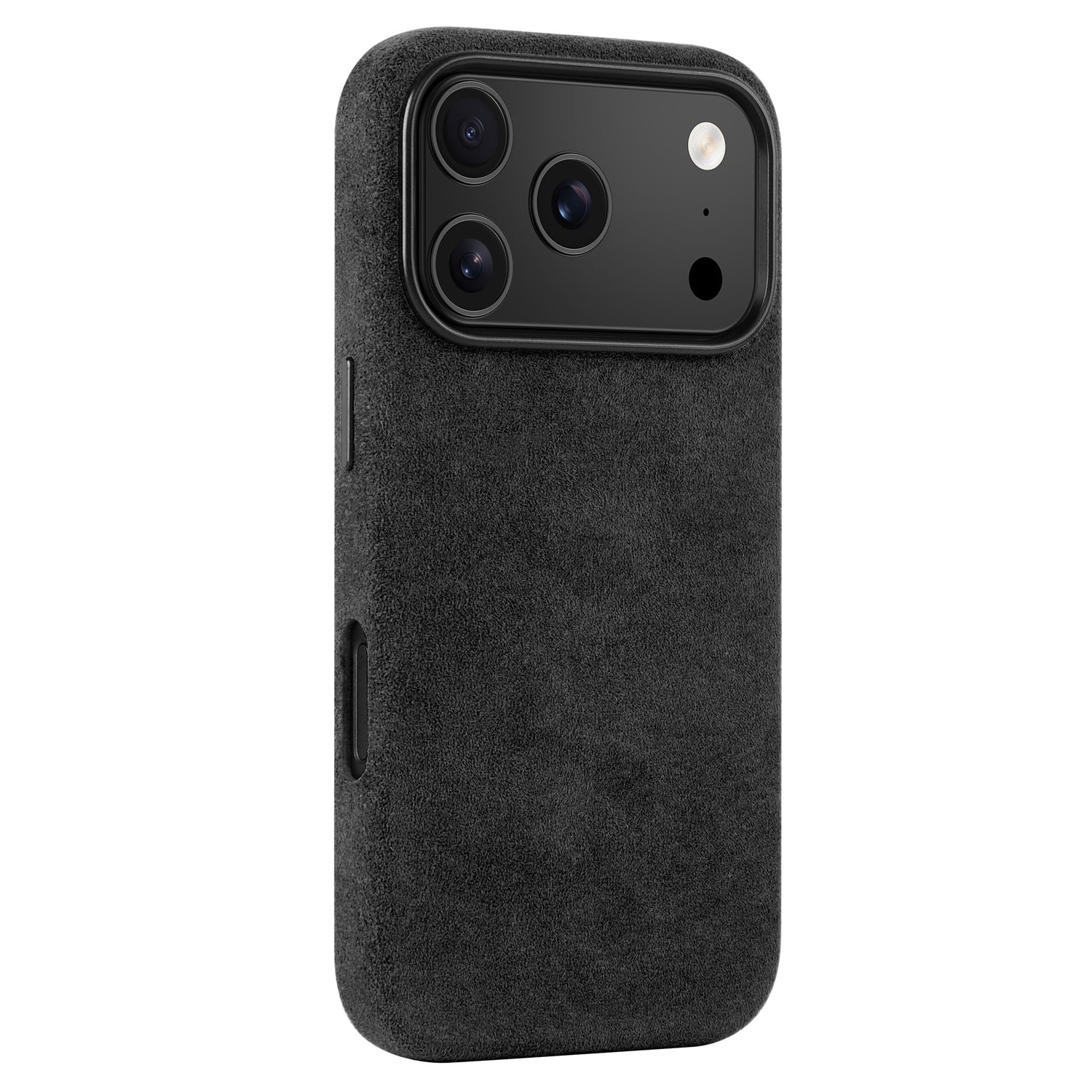Die arktis iPhone 17 Pro Hülle aus Alcantara hat eine dunkle, strukturierte Oberfläche und passt perfekt zu den drei rückwärtigen Kameras Ihres iPhone 17 Pro. Hergestellt in Italien für Premium-Qualität und Stil.