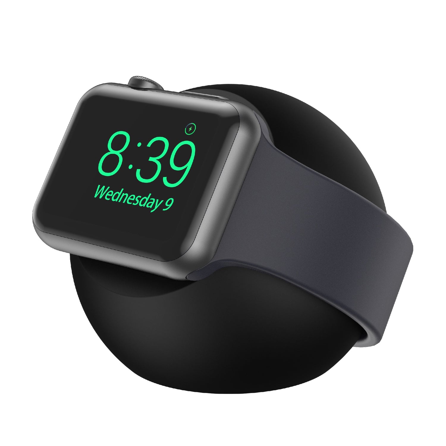 Eine Smartwatch mit schwarzem Band, auf dem 8:39 steht, ruht auf dem schlanken arktis Apple Watch Orbit Stand von arktis.