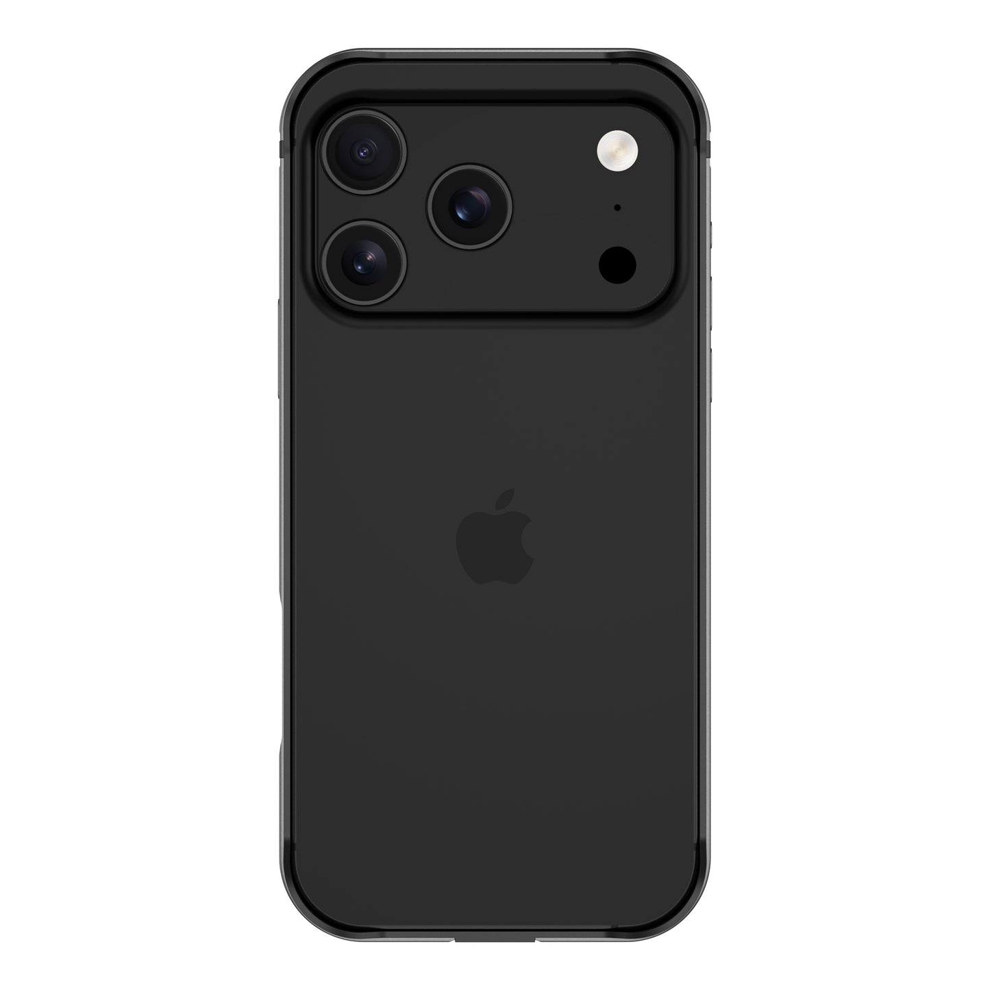 Ein schwarzes iPhone mit drei rückwärtigen Kameras und einem Apple-Logo, geschützt durch den arktis iPhone 17 Pro Max Bumper - eine ultraleichte Aluminium TPU-Silikon Schutzhülle von arktis.