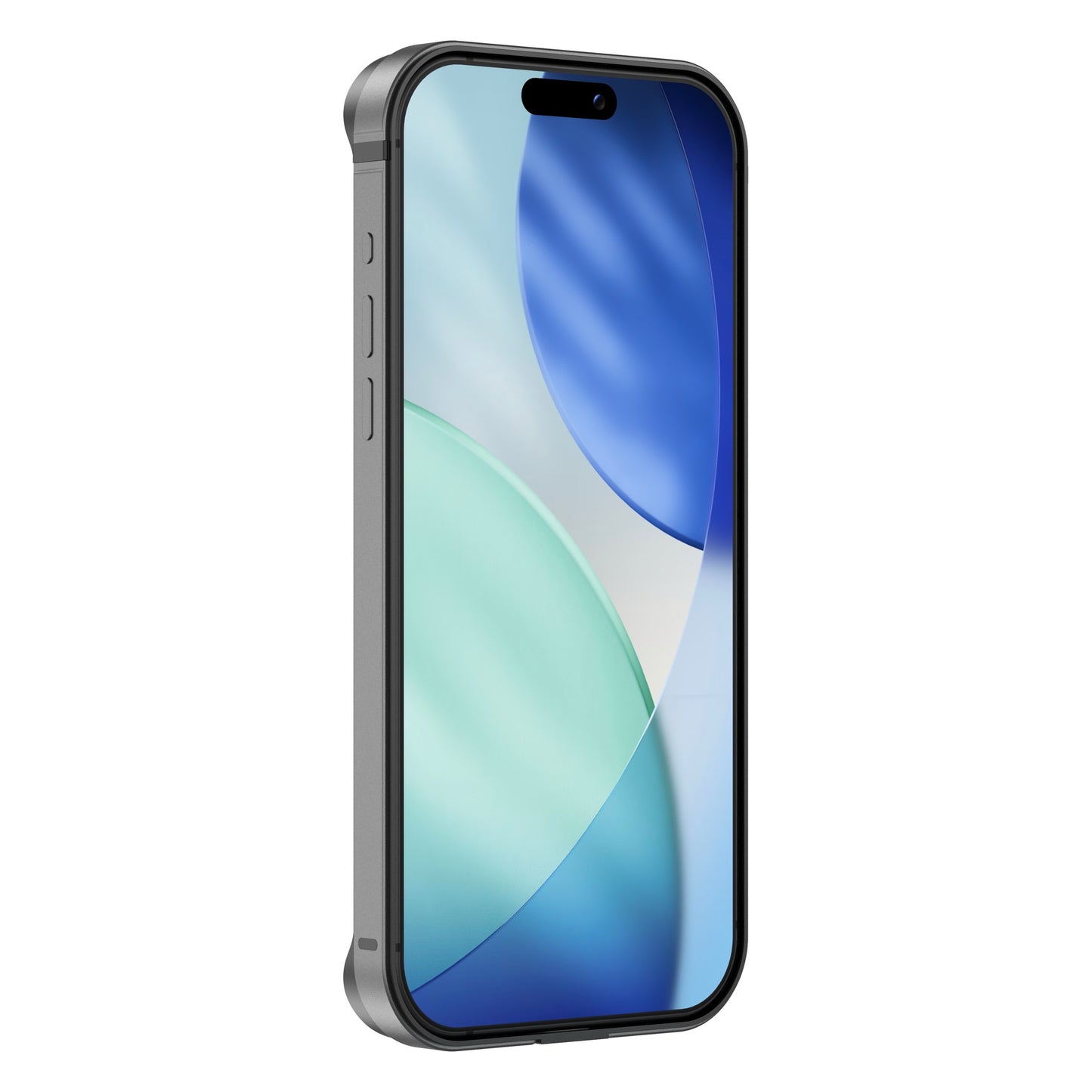 Ein modernes iPhone 17 Pro Max mit schwarzem Rahmen und leuchtendem Display, dargestellt mit seitlichen Tasten - perfekt geschützt durch den ultraleichten arktis iPhone 17 Pro Max Bumper von arktis.