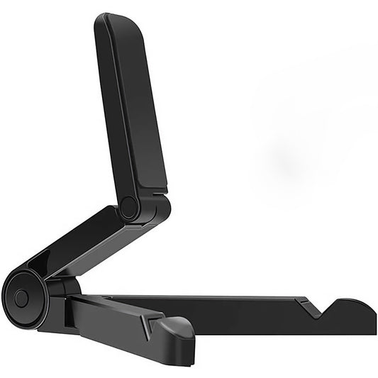 Die arktis klappbare iPad Halterung von arktis ist ein schwarzer, faltbarer iPad-Ständer mit verstellbarer Rückenlehne, hier im Seitenprofil.