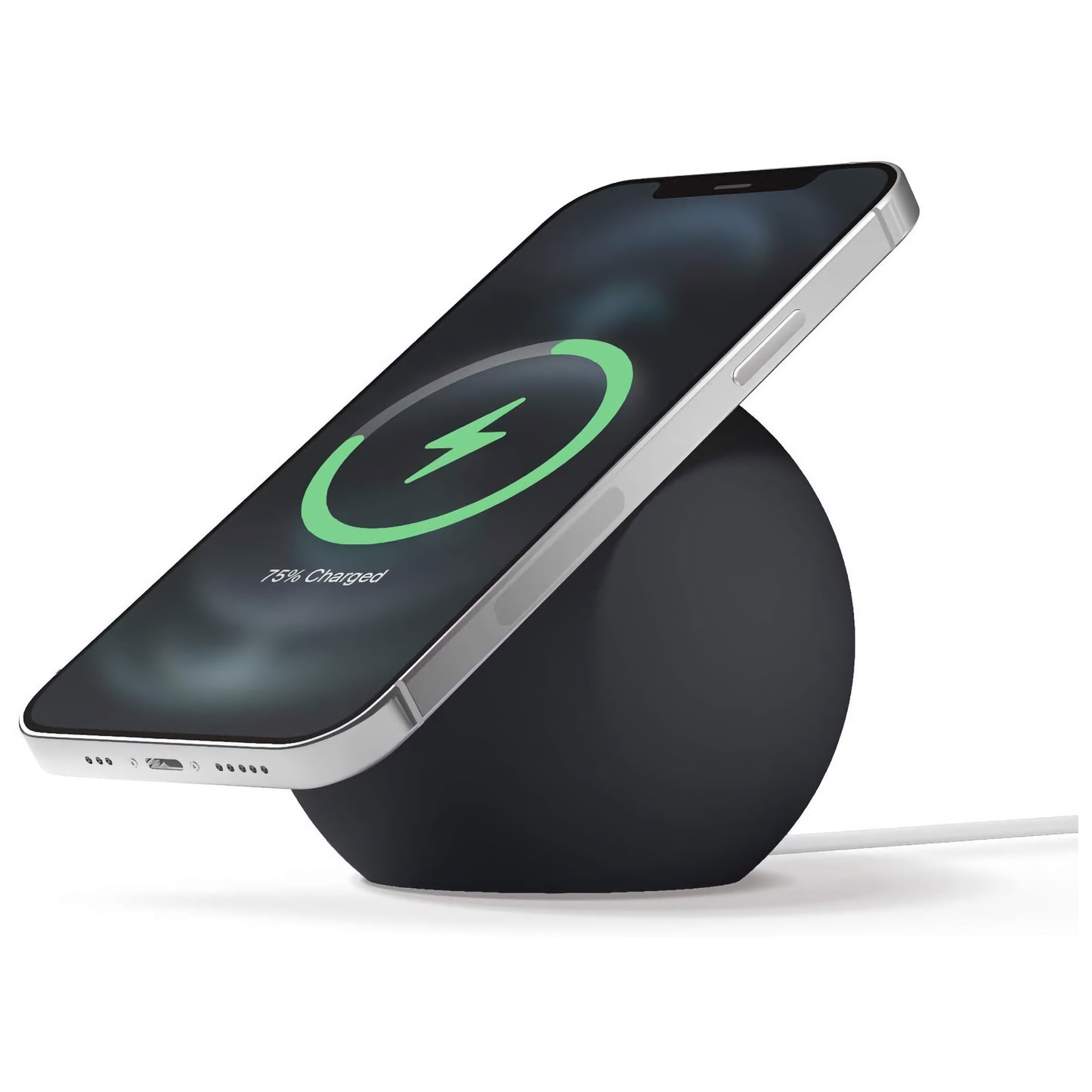 Ein Smartphone wird kabellos auf dem schwarzen, kugelförmigen arktis MagSafe Orbit Stand aufgeladen, wobei ein Ladesymbol auf dem Bildschirm erscheint.