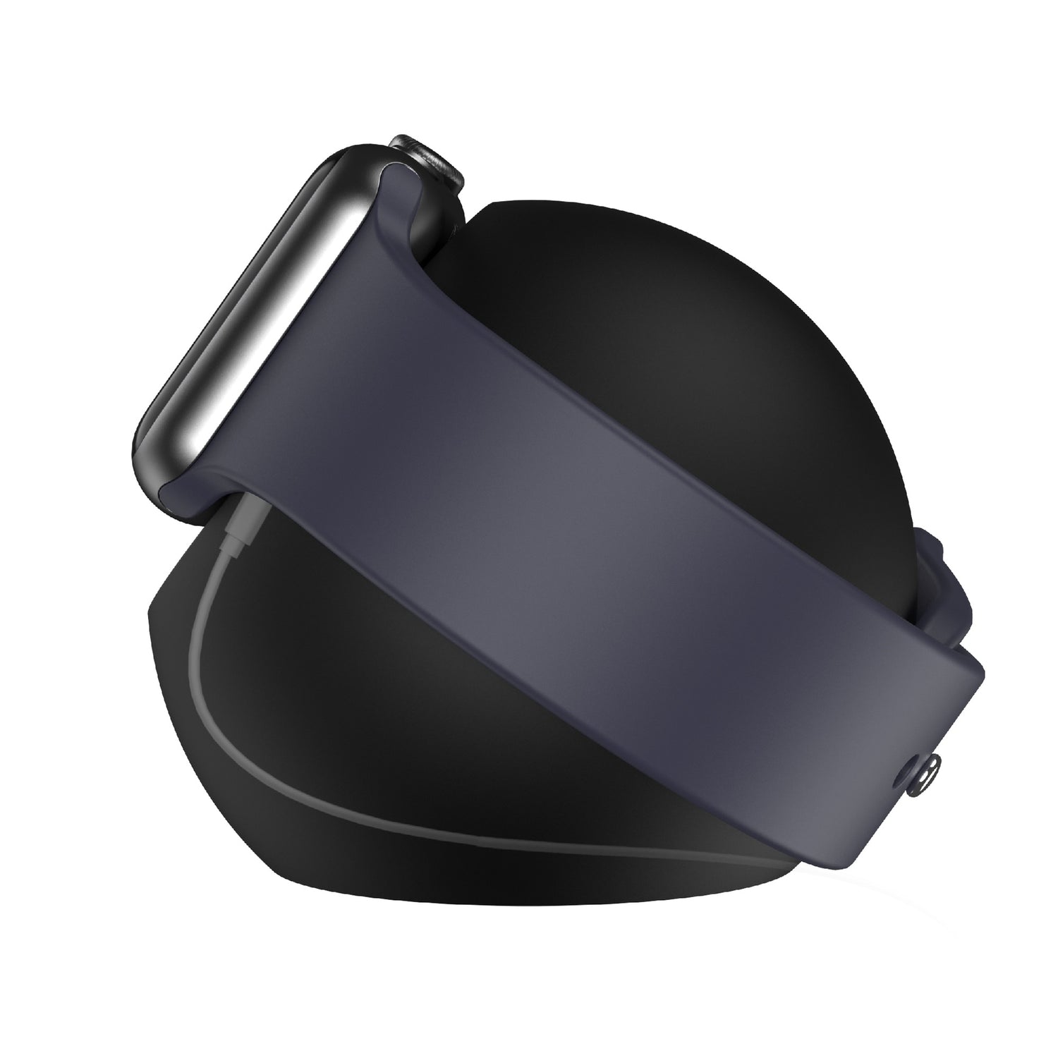 Eine Smartwatch mit dunklem Band ruht auf dem arktis Apple Watch Orbit Stand von arktis und dient als elegante kabellose Ladestation.