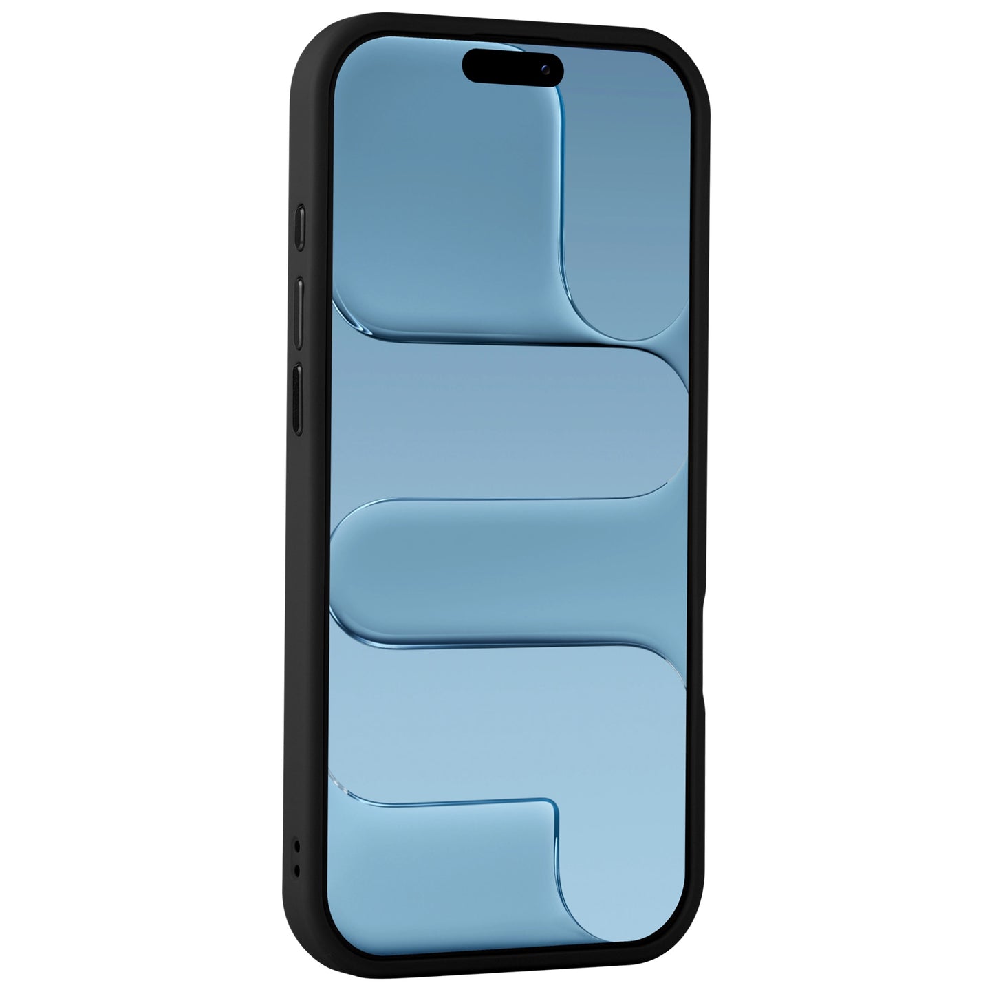 Ein schwarzes iPhone mit Arktis iPhone Air Solid Case aus stoßabsorbierendem TPU-Silikon von Arktis, zeigt ein blaues abstraktes Wellenmuster auf dem Display im matten Minimal-Look vor weißem Hintergrund.