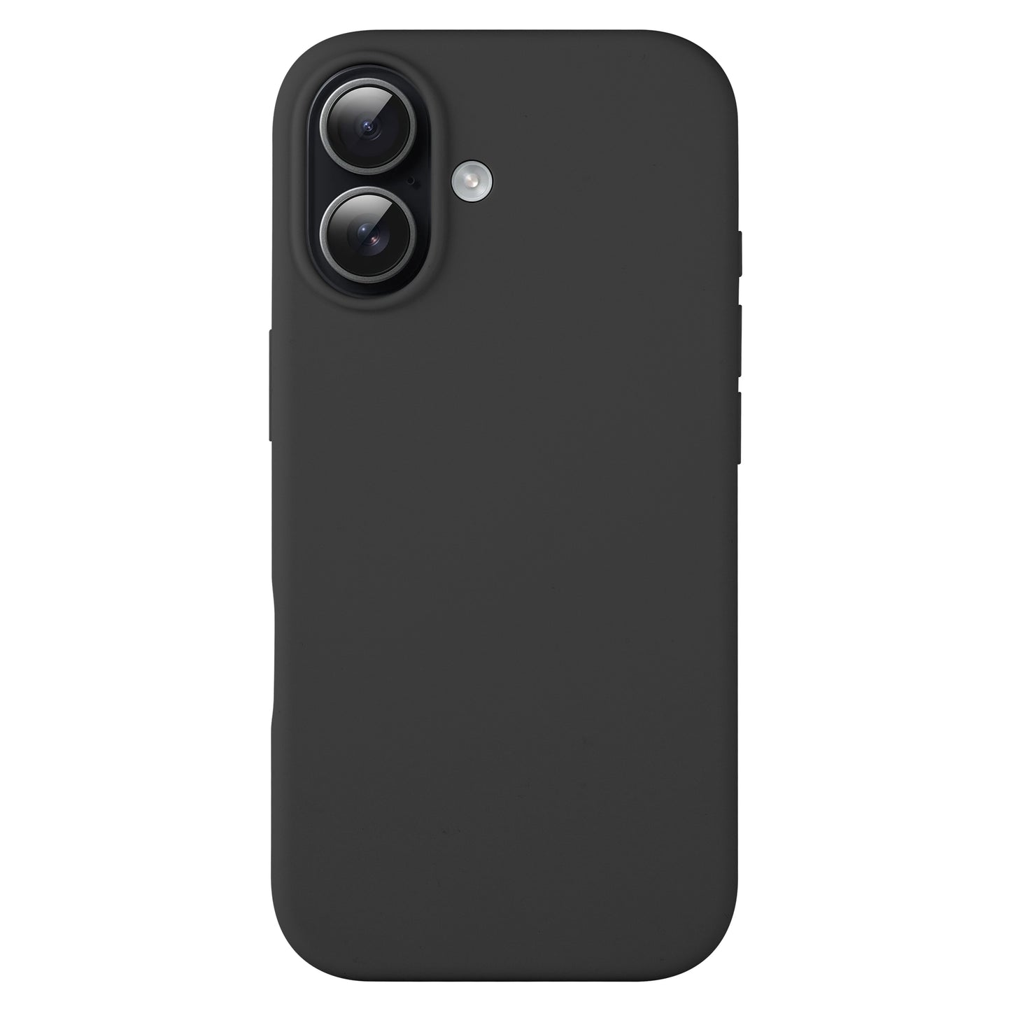 Das arktis iPhone 17 Silikon Case von arktis schützt ein schwarzes iPhone 17 mit Dual-Lens-Kamera und rückwärtigem Blitz, abgebildet auf einem weißen Hintergrund. Das Case ist kompatibel mit kabellosem Laden (kabelloses Laden) für eine einfache Nutzung.