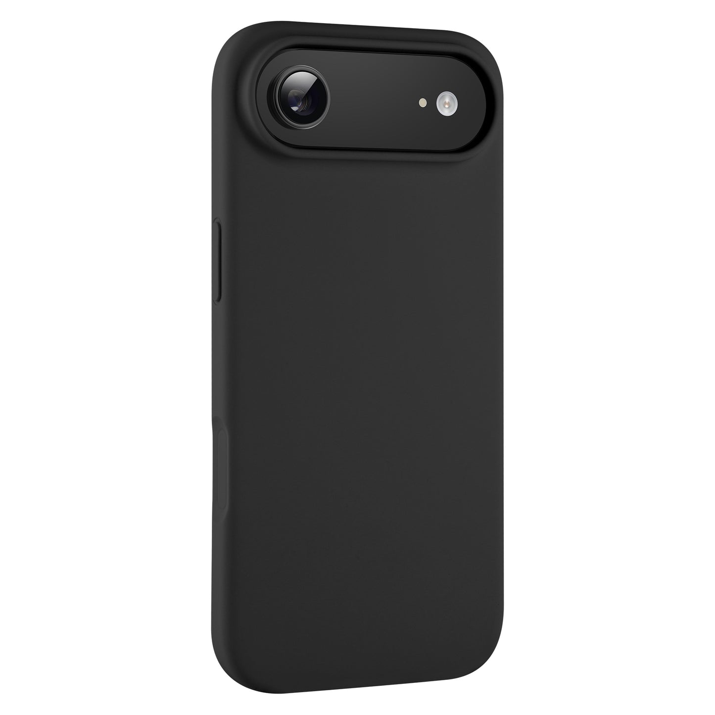 Das arktis iPhone Air Silikon Case in Schwarz, mit Kamera- und Blitzausschnitten und kompatibel mit kabellosem Laden, ist von hinten auf weißem Hintergrund abgebildet.