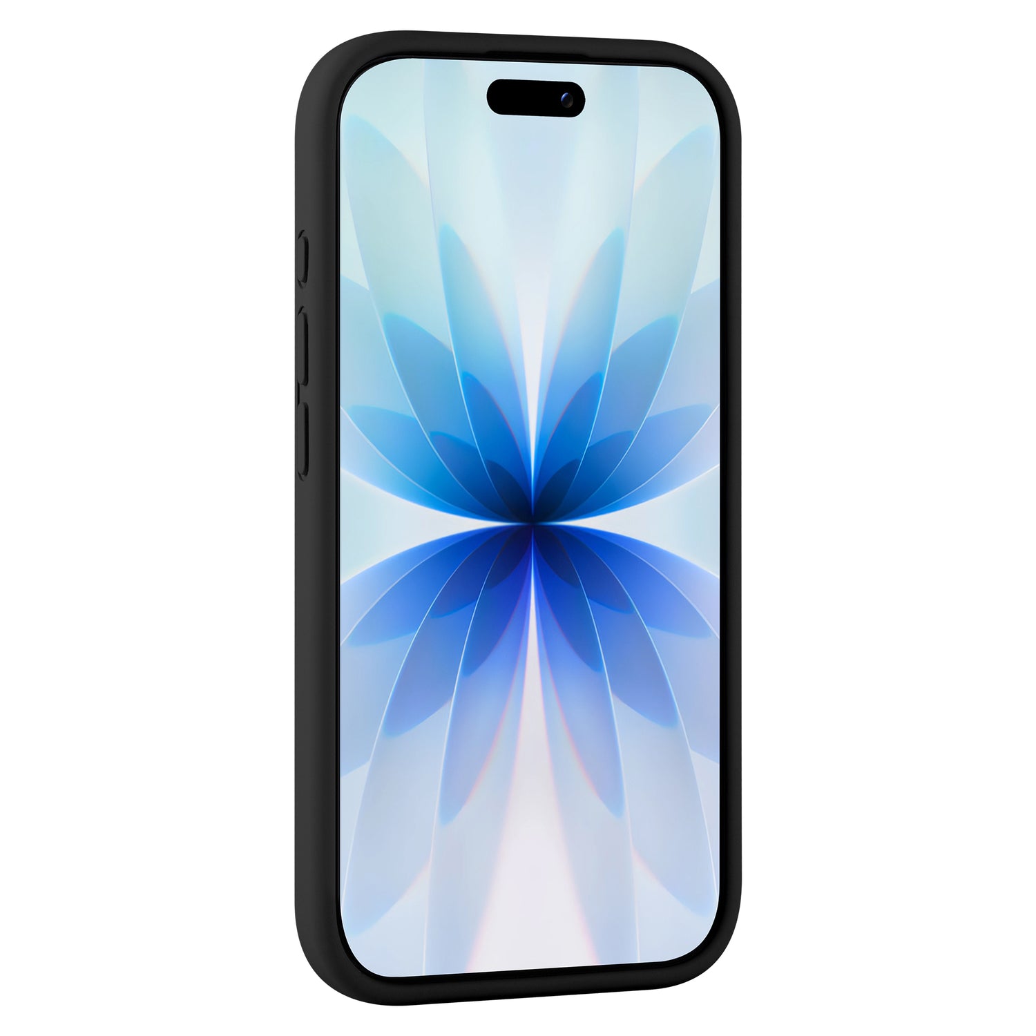 Die arktis iPhone 17 Silikonhülle in Schwarz ist kabellos aufladbar und passt auf ein iPhone mit einem blau-weißen abstrakten Blumenmuster auf dem Bildschirm.
