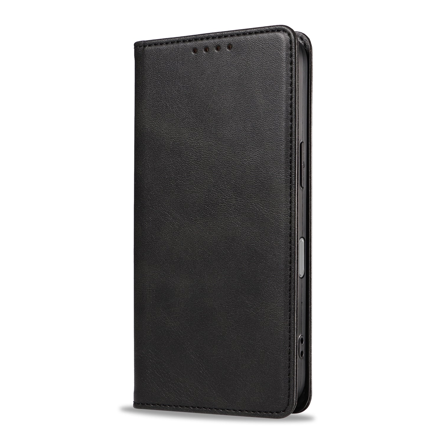 Die arktis iPhone 17 Pro Book Case Schutzhülle aus schwarzem Kunstleder von arktis steht geschlossen und mit integrierten Magneten aufrecht auf weißem Hintergrund.