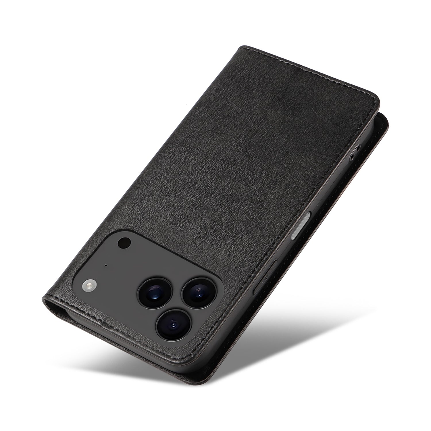 Das arktis iPhone 17 Pro Book Case von arktis ist ein schwarzes Kunstleder-Flip-Cover, teilweise geöffnet, um die Kameralinsen und die seitlichen Tasten zu zeigen, mit einem sicheren TPU-Silikonrand.