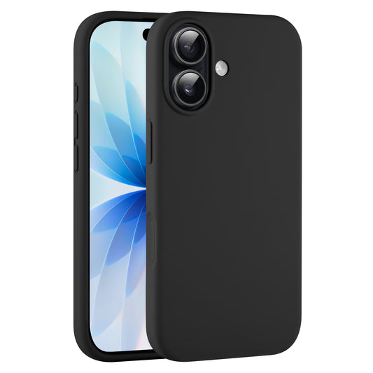 Schwarzes iPhone mit Dual-Kamera in einer arktis iPhone 17 Silikonhülle von arktis, mattschwarzes Finish, Bildschirm mit blauer abstrakter Blume. Perfekt für kabelloses Laden und stilvollen täglichen Schutz.