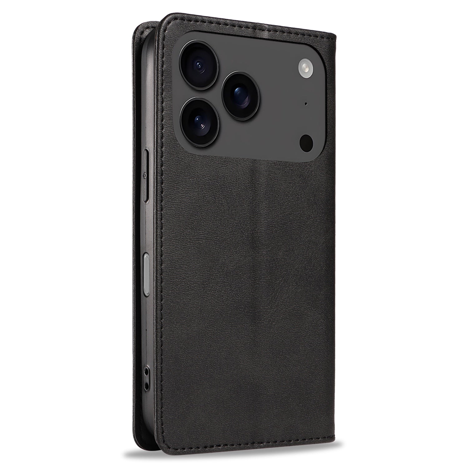 Das arktis iPhone 17 Pro Book Case schützt Ihr Gerät auf elegante Weise und präsentiert ein schwarzes Smartphone mit Dreifach-Kamera-Setup in einem stilvollen arktis Kunstleder-Flipcover, das aufrecht steht.