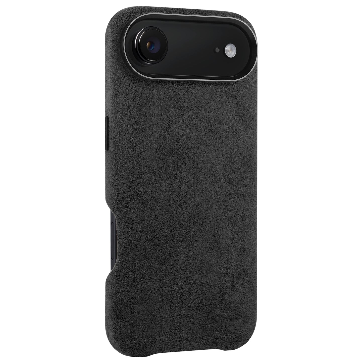 Die arktis iPhone Air Hülle aus Alcantara, in schwarz mit strukturierter Oberfläche, verfügt über präzise Aussparungen für Kamera und Tasten. MagSafe-kompatibel und von arktis speziell für das iPhone 17 Air entwickelt.