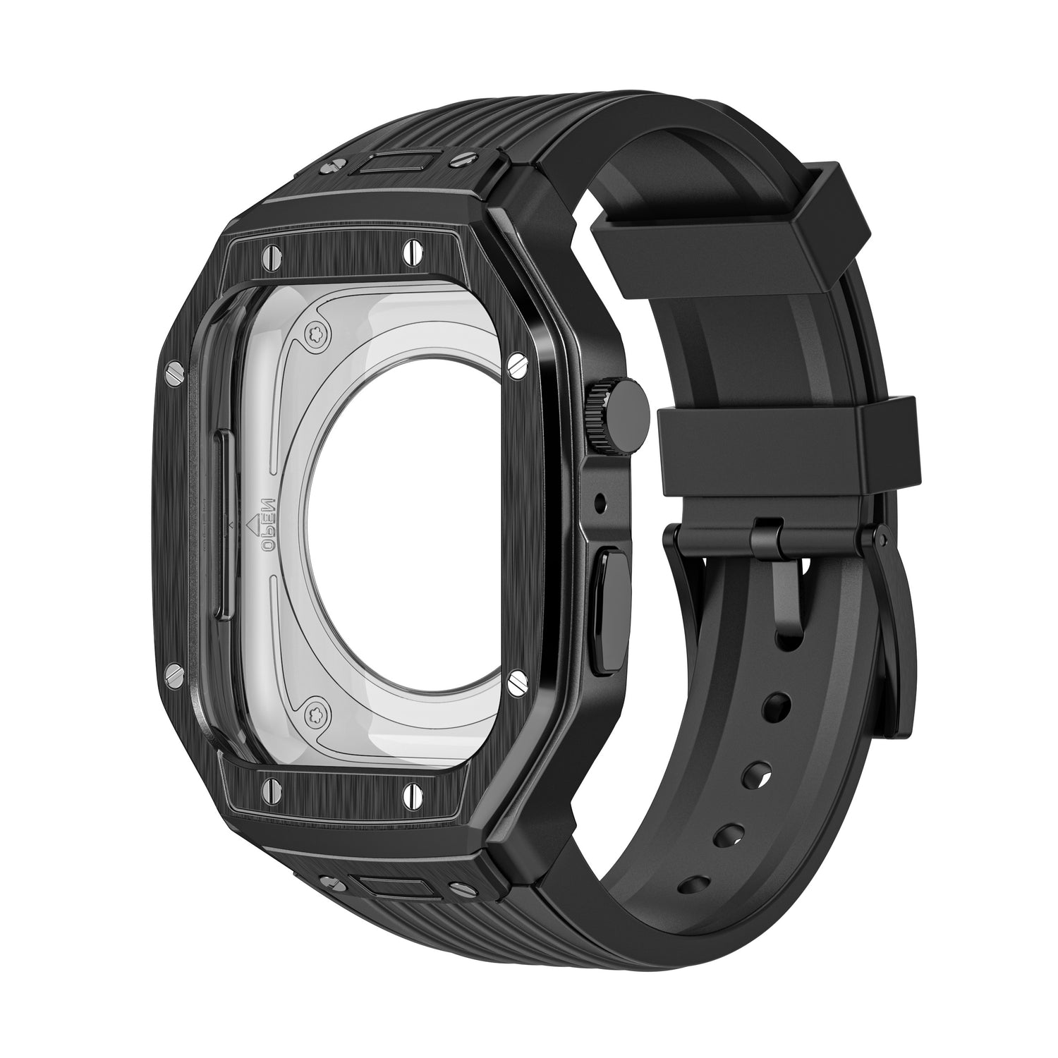 Arktisband Apple Watch Armband "Metal Fusion" hat ein schwarzes, rechteckiges Gehäuse mit einer klaren Mitte und ein schwarzes Silikonarmband, hier aus einer schrägen Ansicht.
