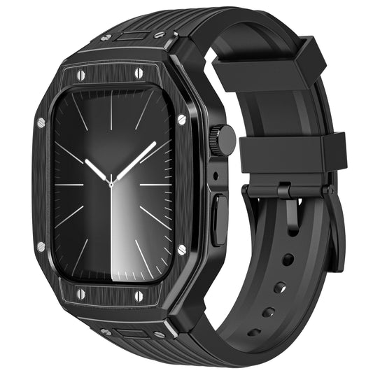 Das arktisband Apple Watch Armband "Metal Fusion" ist eine schlanke, schwarze, moderne Smartwatch mit einem rechteckigen Zifferblatt und einem eleganten Armband, das eine analoge Uhr anzeigt.