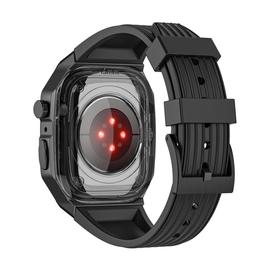 Das arktisband Apple Watch Armband "Metal Fusion" von arktisband verfügt über eine schwarze Smartwatch-Rückseite mit einem kreisförmigen Sensor und vier roten LED-Lichtern, die auf einem klaren Panel leuchten.
