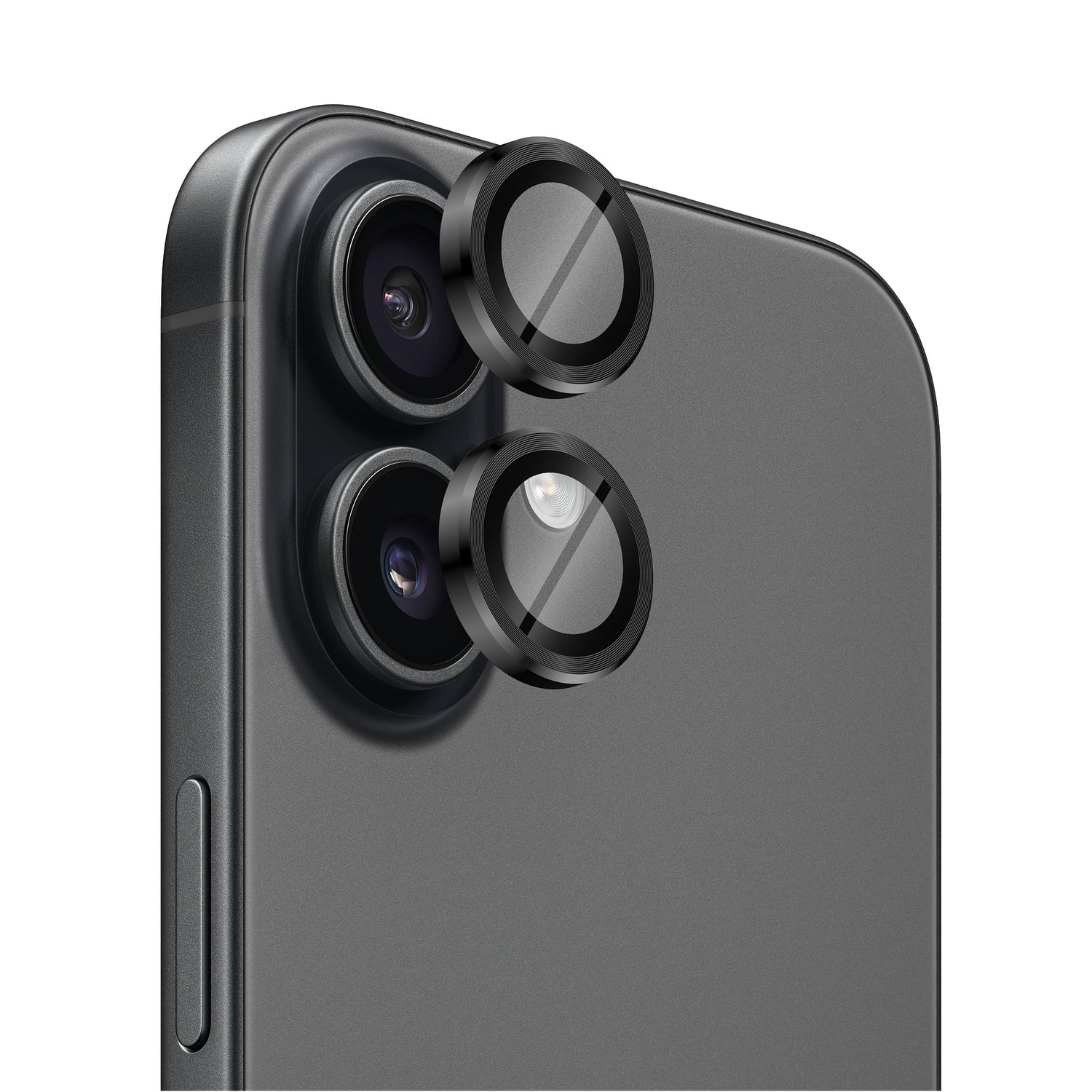 Nahaufnahme der beiden rückwärtigen Kameras des iPhone 17 mit dem arktis iPhone 17 Lens Protector, der den dauerhaften Schutz der Kameralinsen dieses eleganten grauen Geräts von arktis zeigt.