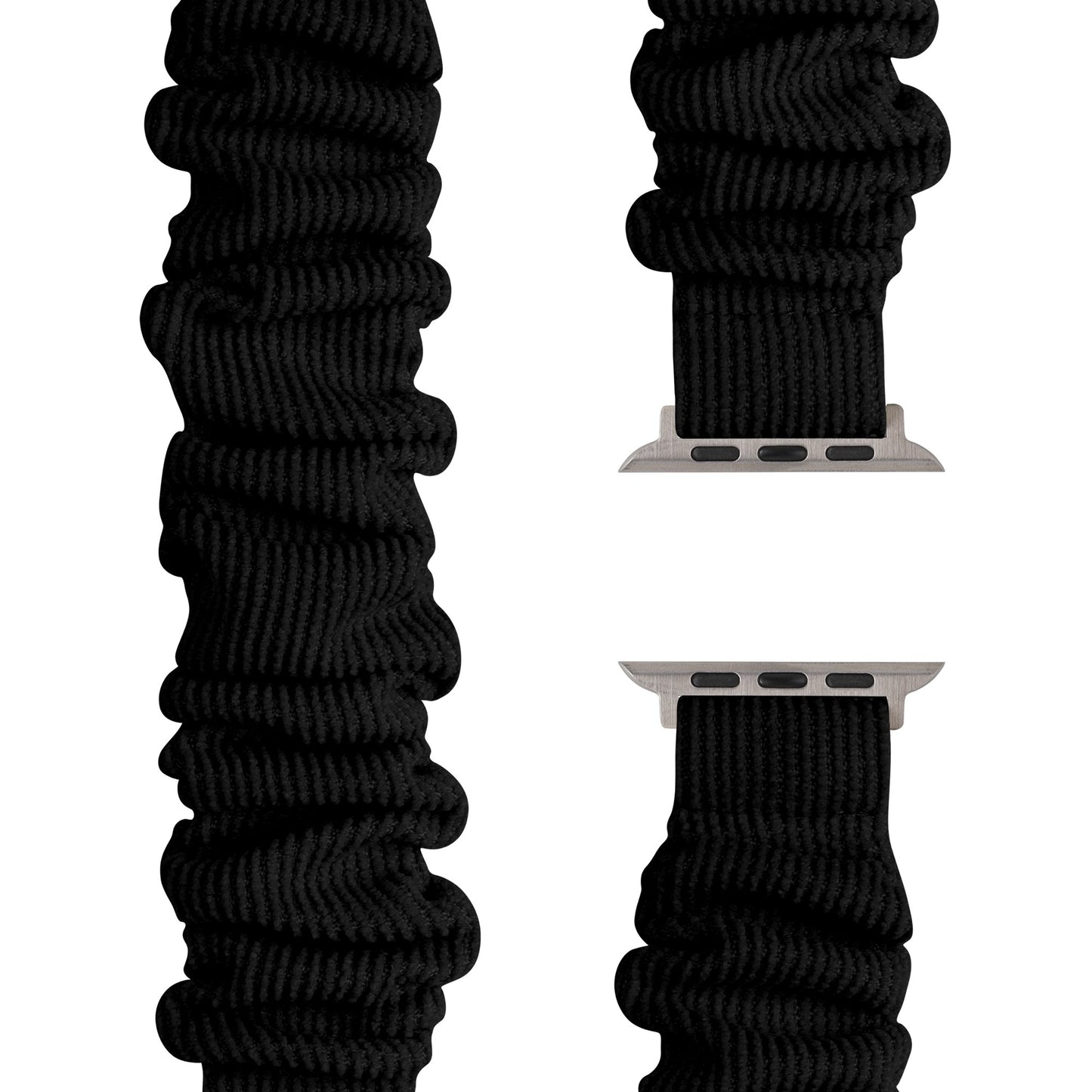 Das arktisband Apple Watch Cord Scrunchie Armband "Elanora" ist ein schwarzes, dehnbares, gerüschtes Band mit silbernen Anschlüssen für die Apple Watch, das aus mehreren Blickwinkeln auf weißem Hintergrund gezeigt wird.