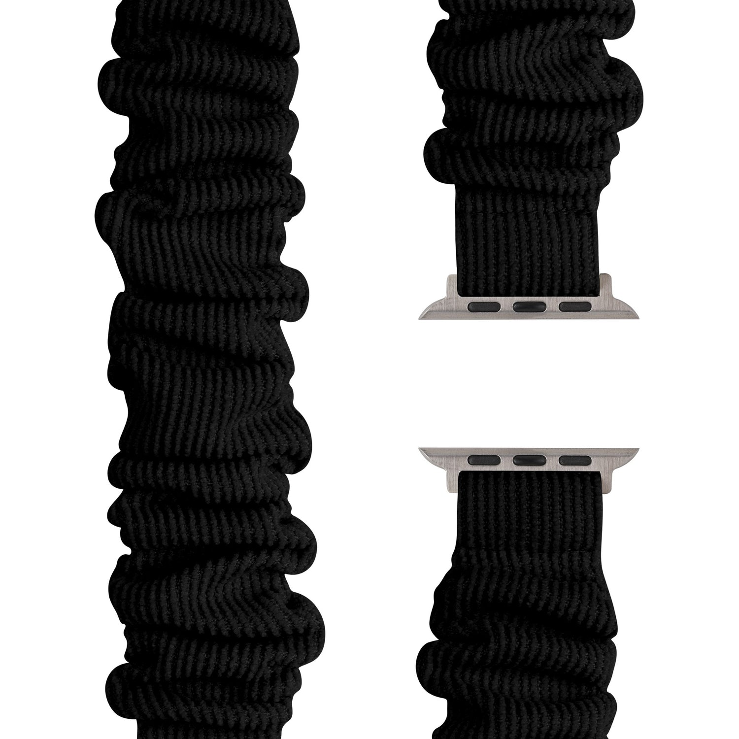 Das arktisband Apple Watch Cord Scrunchie Armband "Elanora" ist ein schwarzes, dehnbares, gerüschtes Band mit silbernen Anschlüssen für die Apple Watch, das aus mehreren Blickwinkeln auf weißem Hintergrund gezeigt wird.
