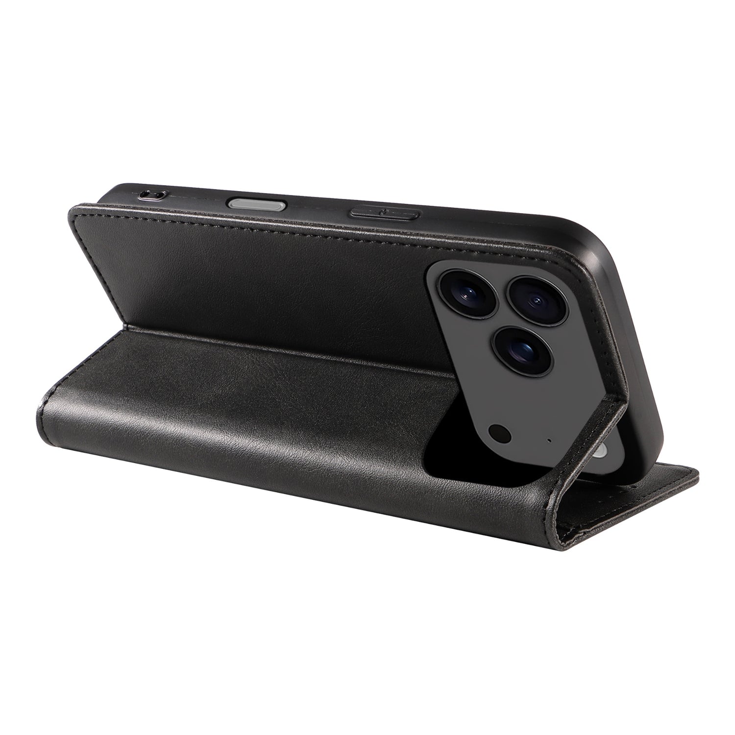 Arktis iPhone 17 Pro Book Case aus Kunstleder, schwarz, mit integrierten Magneten und Standfunktion für die horizontale Ausrichtung.