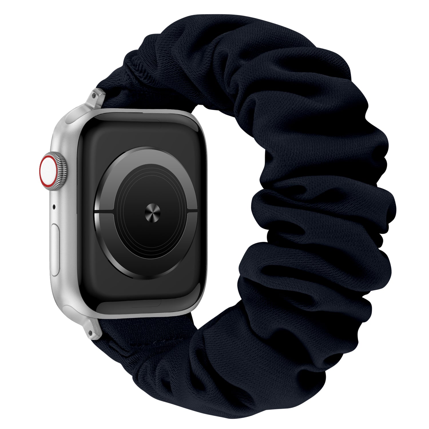 Eine Smartwatch mit leerem Bildschirm und das arktisband Apple Watch Armband "Elanora" von arktisband, hergestellt aus dehnbarem Nylon im Scrunchie-Stil.