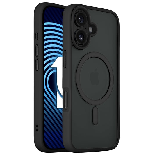 Das Arktis iPhone 16 Plus Solid Case von Arktis ist eine schwarze, schützende, stoßdämpfende TPU-Silikonhülle mit minimalistischem Matt-Look und kreisförmigem MagSafe-Design auf der Rückseite.