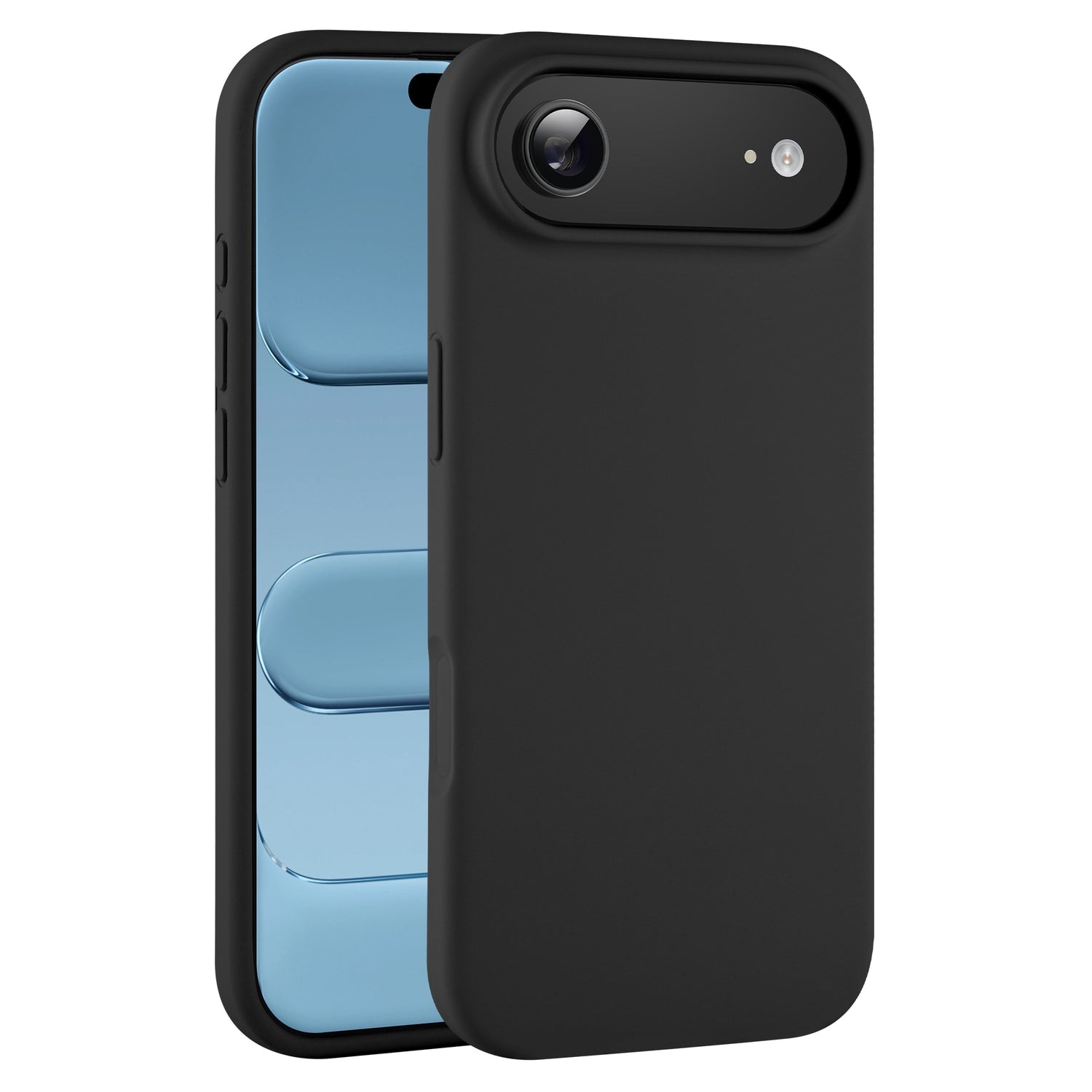 Das arktis iPhone Air Silikon Case in Schwarz wird hochkant präsentiert, zeigt sowohl die Vorder- als auch die Rückseite des Smartphones und hebt die Unterstützung für kabelloses Laden hervor.