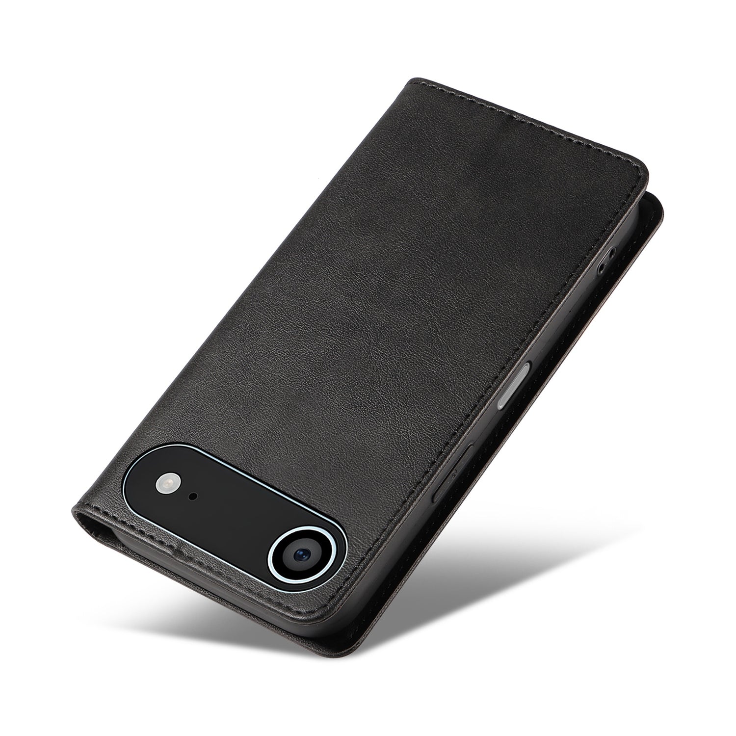Das arktis iPhone 17 Air Book Case ist ein elegantes Kunstleder-Flipcase mit TPU-Schale, das die Kamera sichtbar und angewinkelt auf weißem Hintergrund zeigt - der perfekte Schutz für Ihr iPhone 17 Air von arktis.