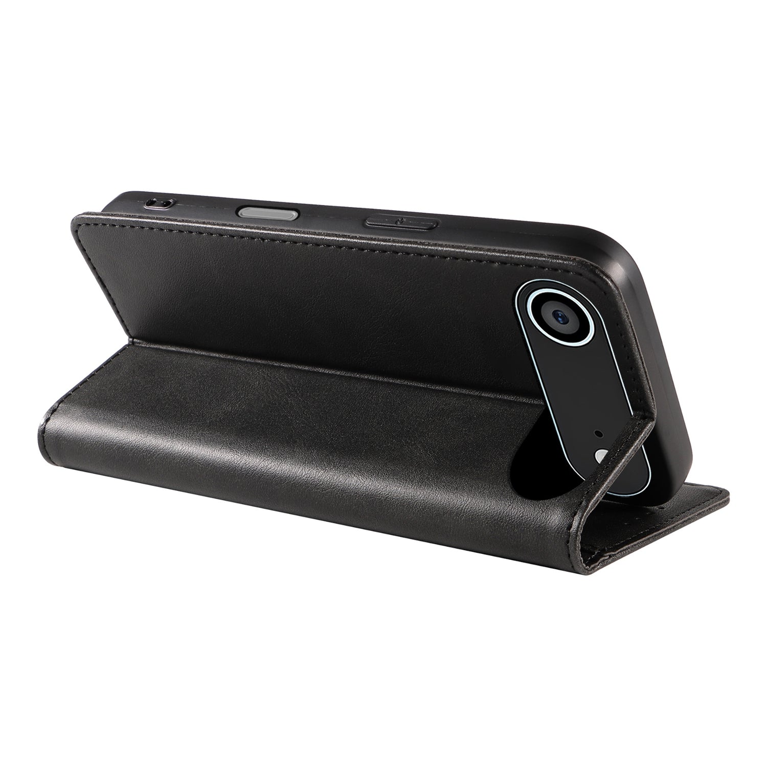 Ein schwarzes Smartphone in einem arktis iPhone 17 Air Book Case von arktis, horizontal aufgestützt.