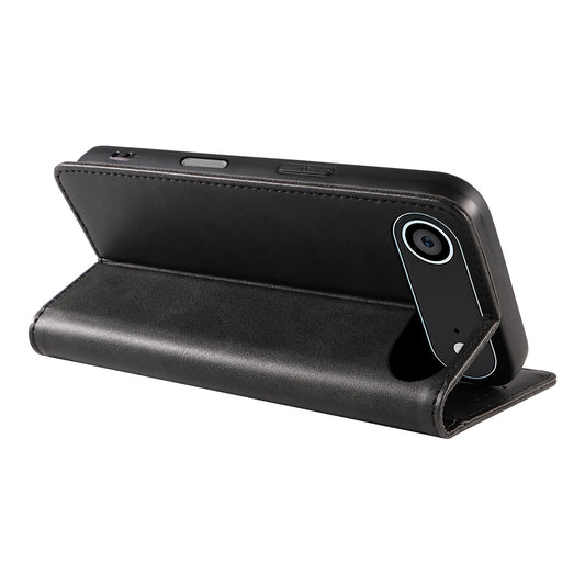 Ein schwarzes Smartphone in einem arktis iPhone 17 Air Book Case von arktis, horizontal aufgestützt.
