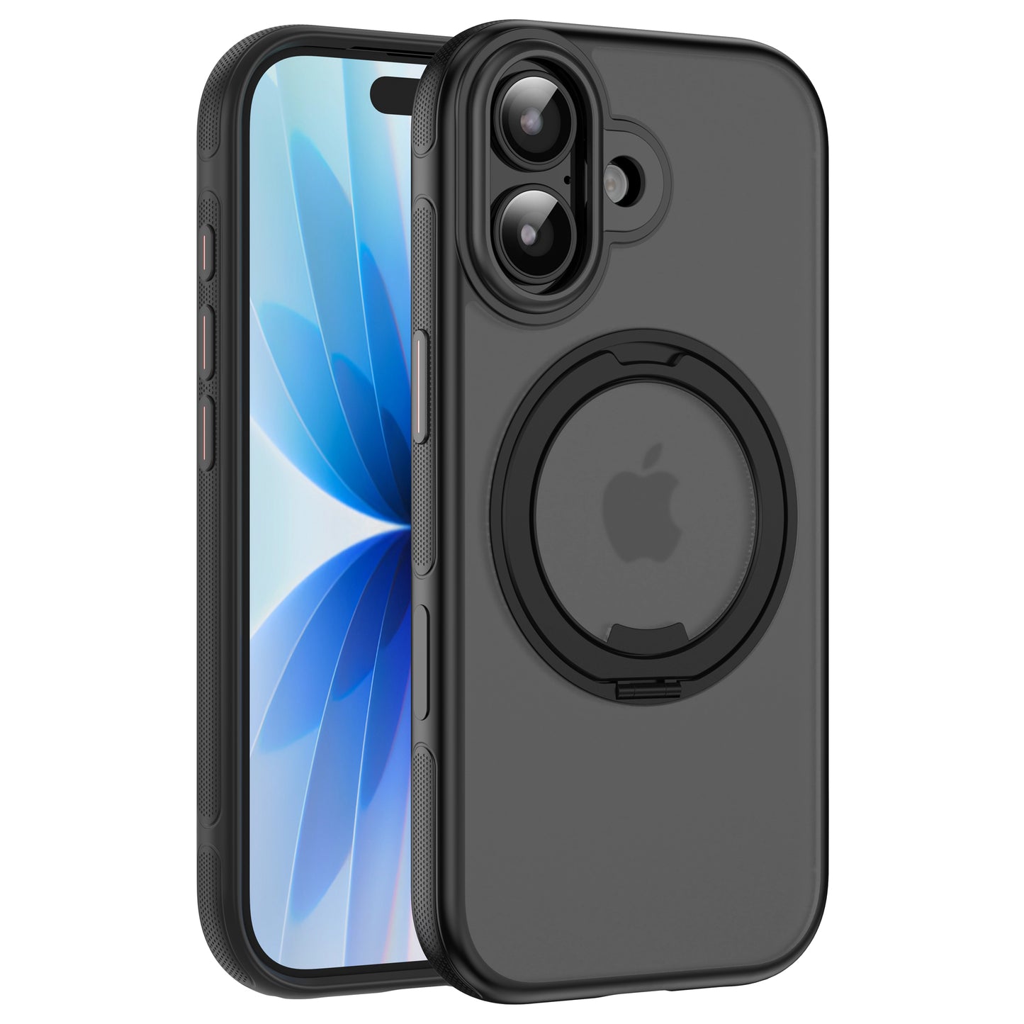 Das arktis iPhone 17 GripCase in schwarz mit sichtbarem MagSafe Ring wird auf einem iPhone mit blauem Blumenhintergrund gezeigt.