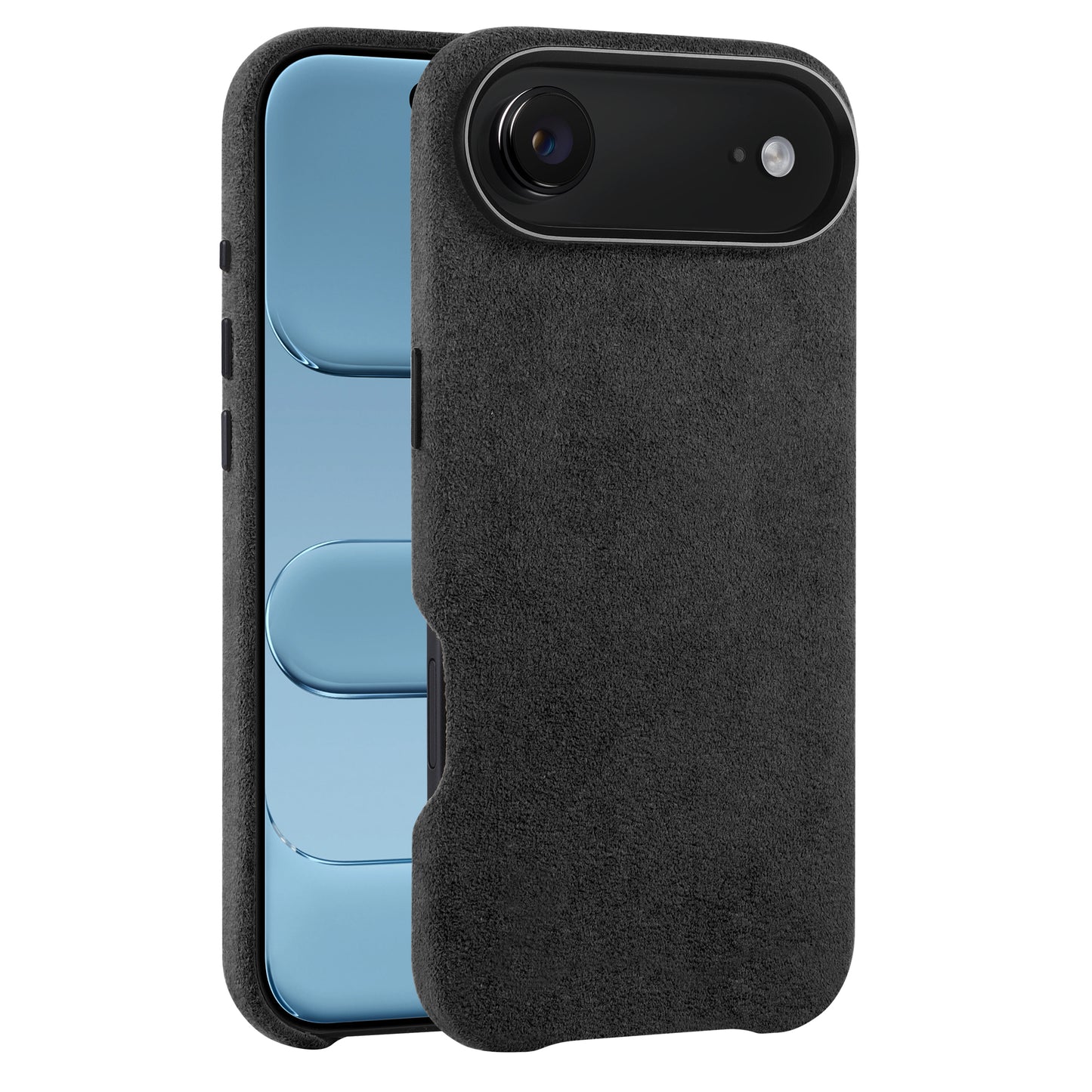 Die arktis iPhone Air Hülle aus Alcantara, eine schwarz strukturierte Handyhülle von arktis, ist auf einem blauen Smartphone abgebildet, das von hinten und teilweise von vorne gezeigt wird.