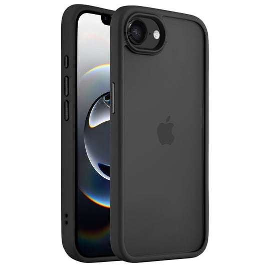 Abgebildet sind zwei schwarze arktis iPhone 17e Solid Cases: eine Hülle mit sichtbarem Display, die andere mit mattem Finish und Apple-Logo - ideal für den stilvollen Schutz durch arktis.