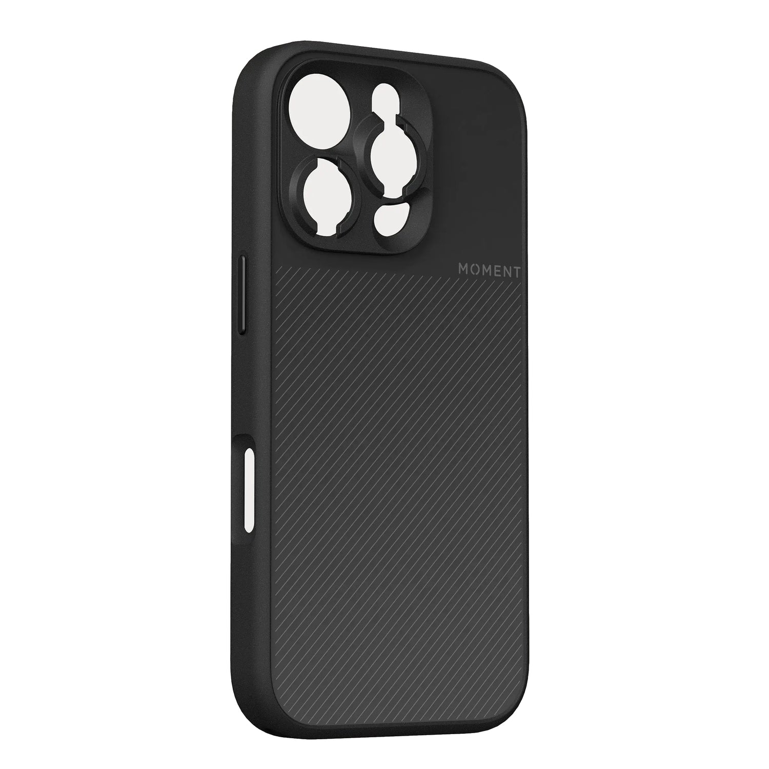 Die MOMENT iPhone 16 Pro Kameratasche MagSafe verfügt über eine schwarze, strukturierte Oberfläche, große Objektiv- und Seitenknopfausschnitte, Kompatibilität mit Objektiven der T-Serie und ein authentisches Moment-Branding.