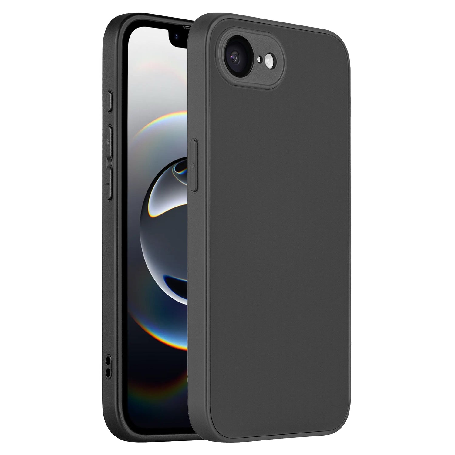 The arktis iPhone 16e Tech Case in black is shown on a phone, featuring a minimalistic design with precise camera protection and AG glass for durability. One device displays the screen, while another shows the back and camera cutout.
