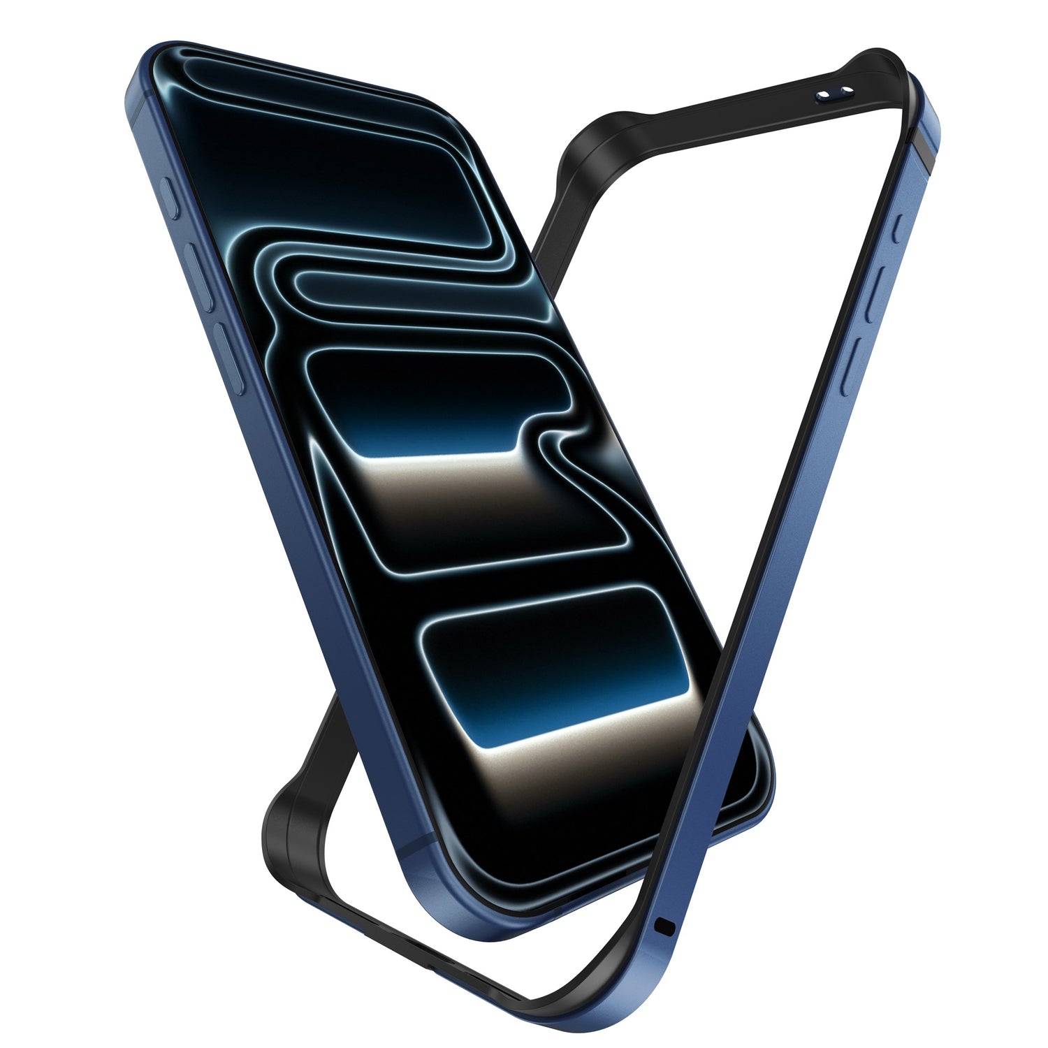 Der arktis iPhone 17 Pro Bumper von arktis ist eine blaue Smartphonehülle mit einem leuchtenden abstrakten Bildschirmmuster, ausgestattet mit einer Aluminium TPU-Silikon Hülle für Schutz und Halt für kabelloses Laden.