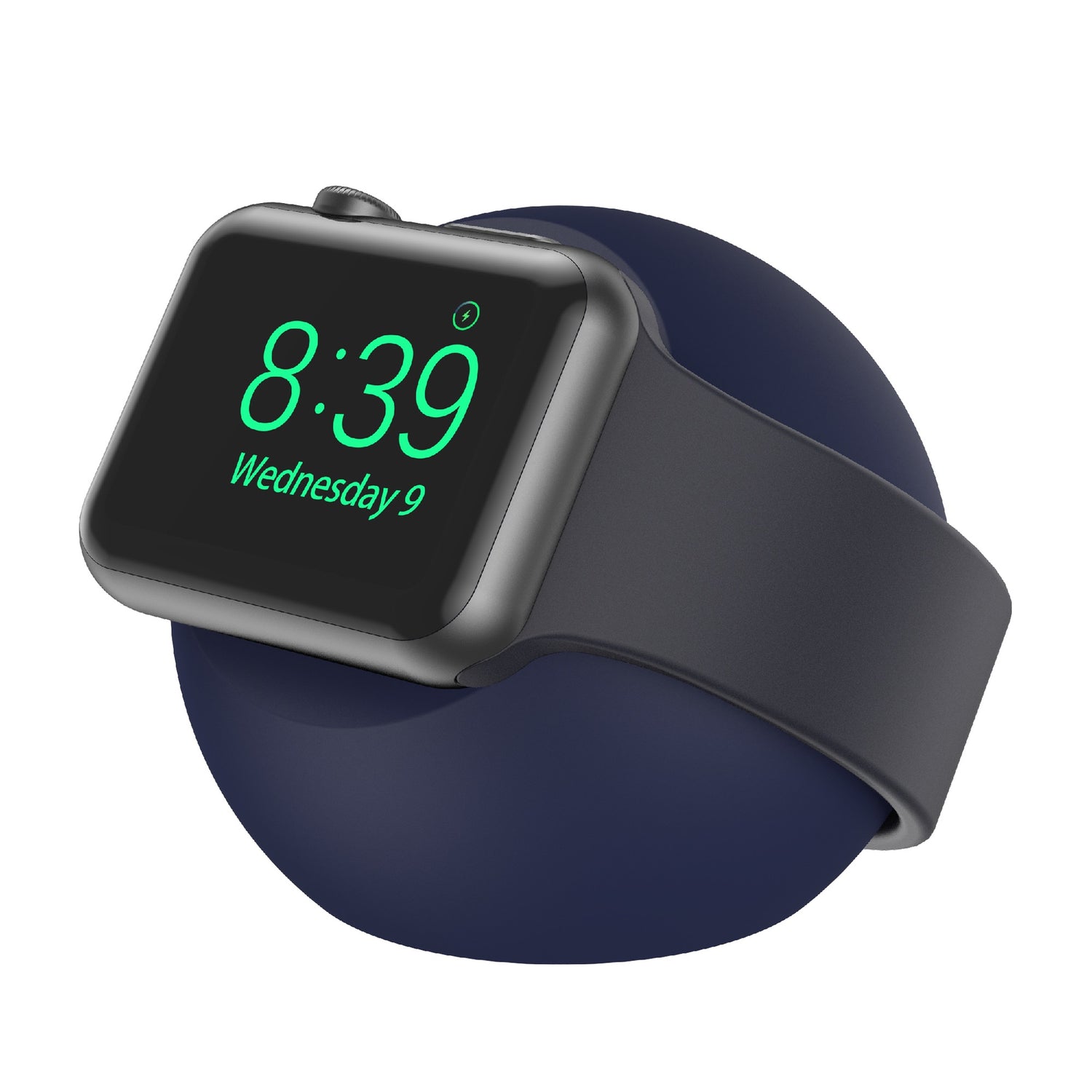 Ein arktis Apple Watch Orbit Stand hält eine Smartwatch mit schwarzem Band und zeigt die Uhrzeit 8:39 und das Datum Mittwoch 9.