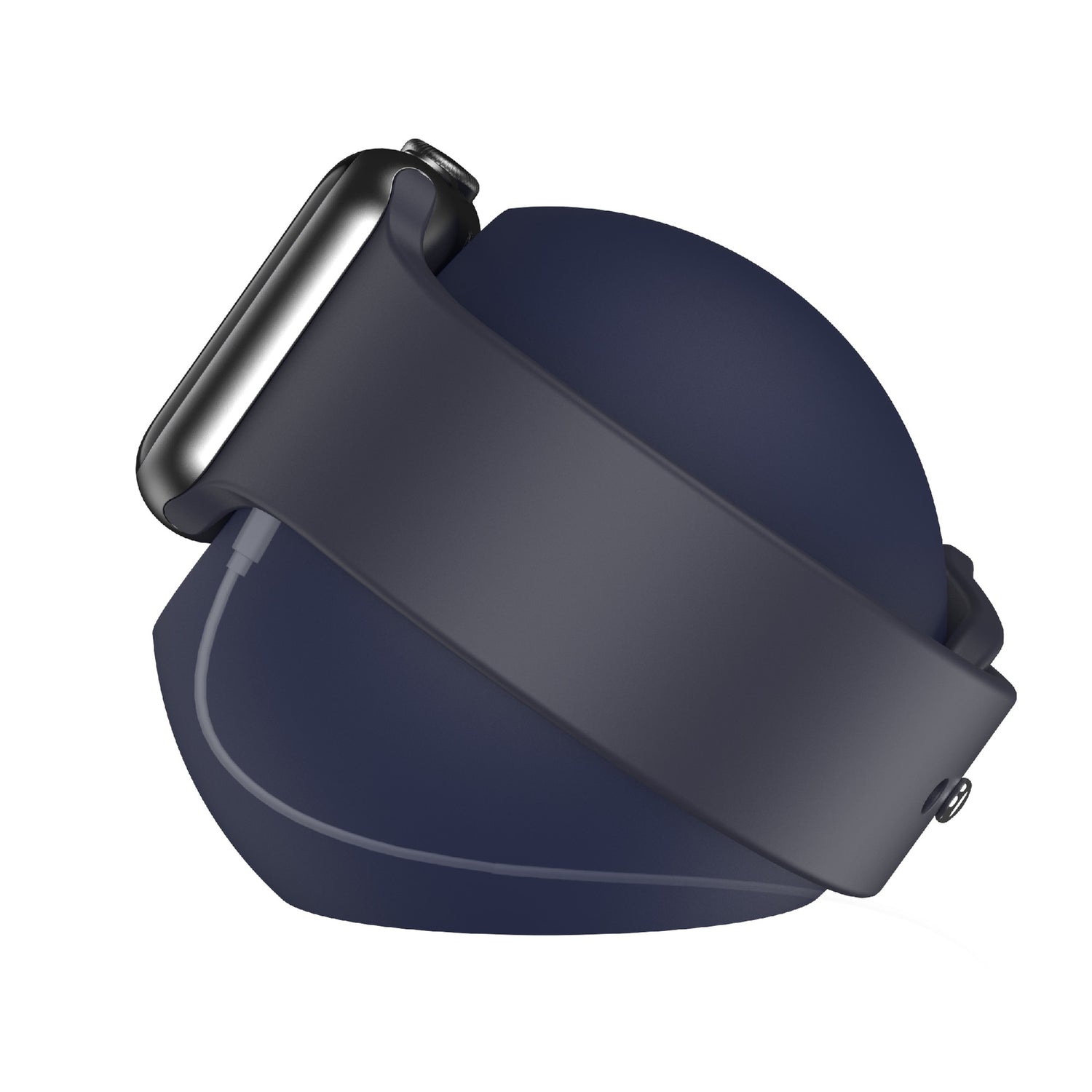 Eine dunkle Smartwatch mit passendem Band ruht auf dem runden arktis Apple Watch Orbit Stand, einem eleganten Silikon Ladegerät Halter von arktis, der für Ordnung auf dem Schreibtisch sorgt.