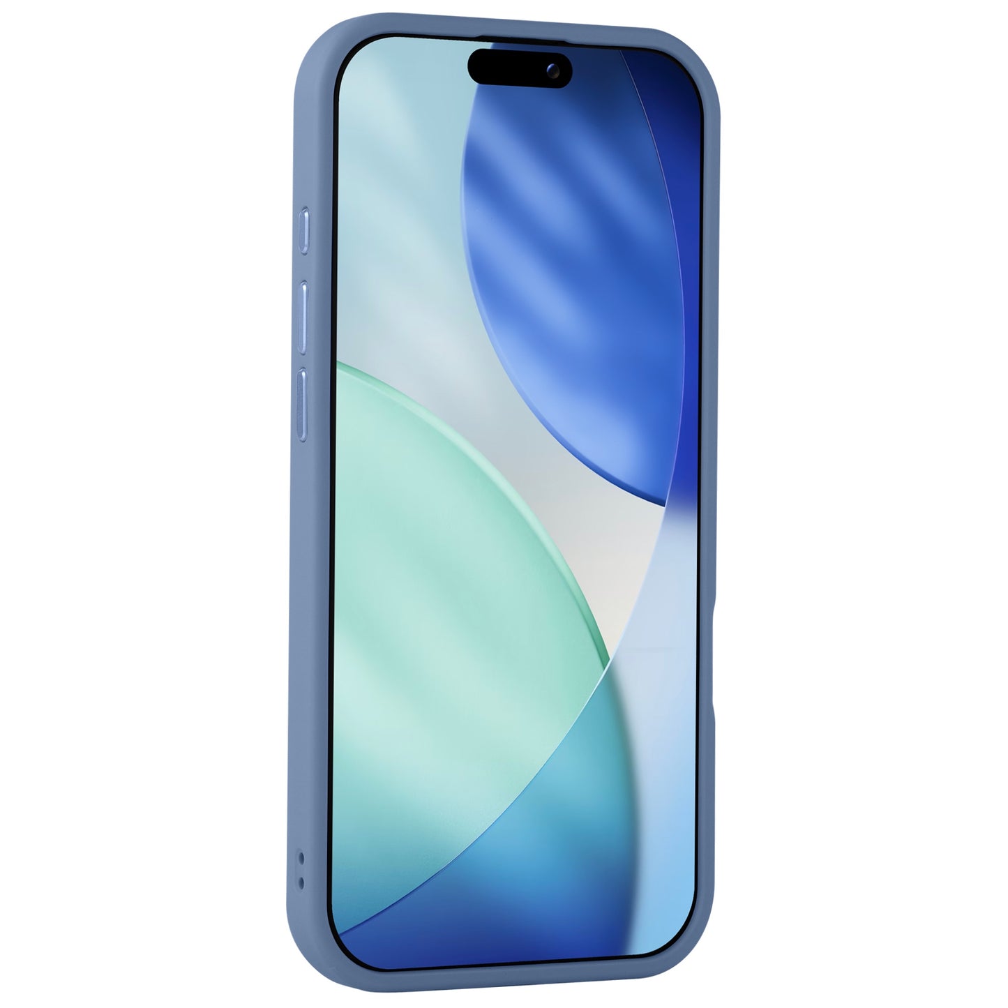 Ein Smartphone mit einer blauen, matten Hülle und einem abstrakten blau-grünen Hintergrundbild, mit dem Arktis iPhone Air Solid Case von Arktis - einer stoßabsorbierenden TPU-Silikonhülle für zusätzlichen Schutz.