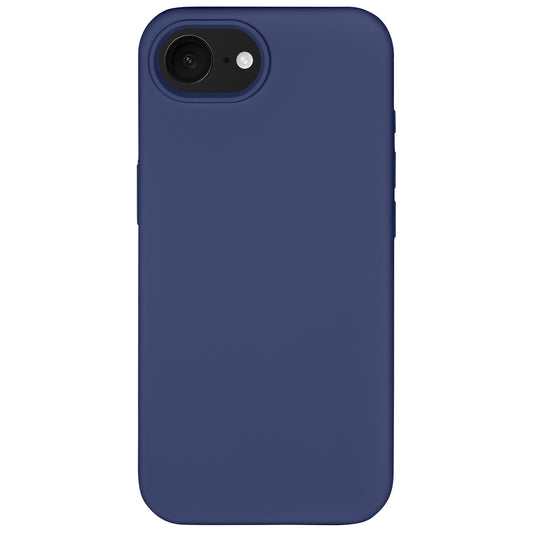 Das Arktis iPhone 16e Silikon Case in Marineblau hat ein glattes, schlankes Design mit abgerundeten Ecken, Öffnungen für Kamera, Blitz und Mikrofon oben links und unterstützt kabelloses Laden.