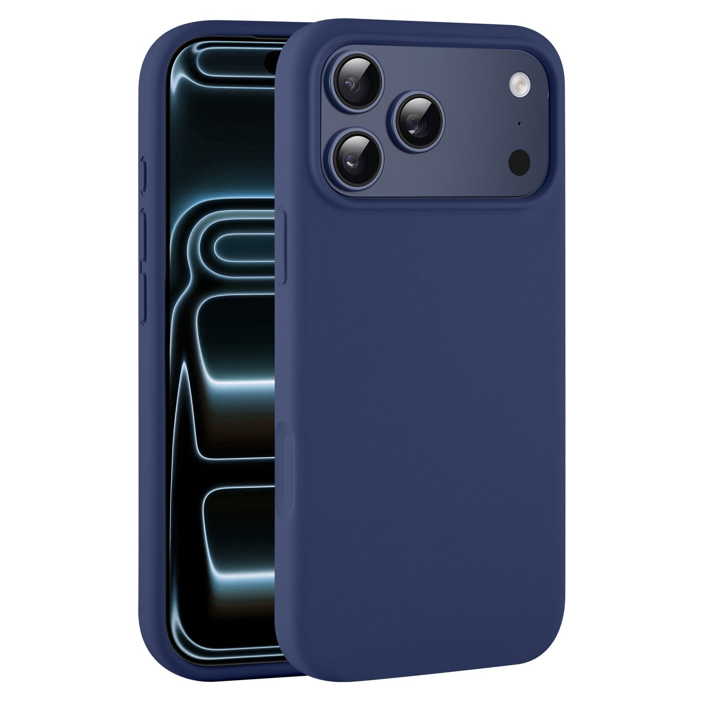 Das arktis iPhone 17 Pro Silikon Case in Dunkelblau zeigt die hinteren Kameras und einen Teil des vorderen Bildschirms an und ist dabei voll kompatibel mit kabellosem Laden.