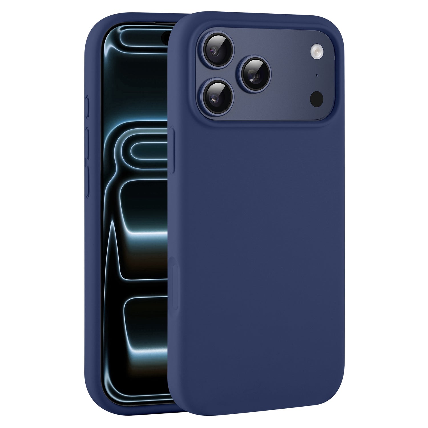 Das arktis iPhone 17 Pro Silikon Case in Dunkelblau zeigt die hinteren Kameras und einen Teil des vorderen Bildschirms an und ist dabei voll kompatibel mit kabellosem Laden.
