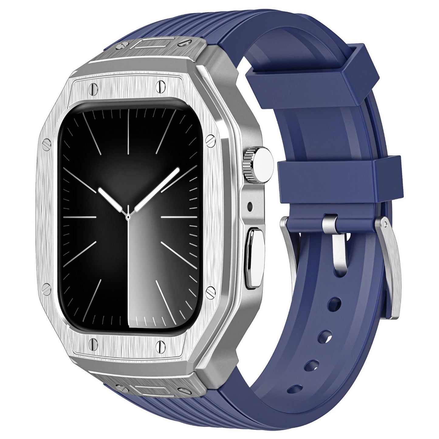 Das arktisband Apple Watch Armband "Metal Fusion" von arktisband ist eine silberne Smartwatch mit schwarzem Bildschirm und blauem Silikonarmband, das ein analoges Zifferblatt zeigt.