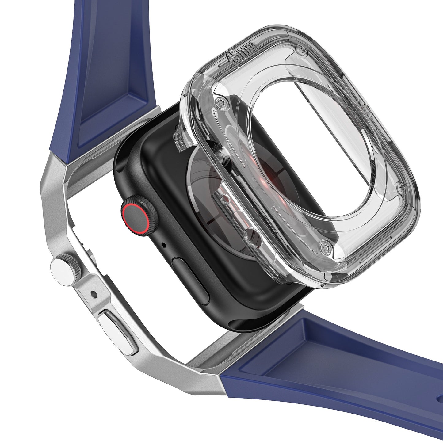 Eine durchsichtige Schutzhülle wird auf ein arktisband Apple Watch Armband "Metal Fusion" mit blauem Armband und silbernem Rahmen gelegt.