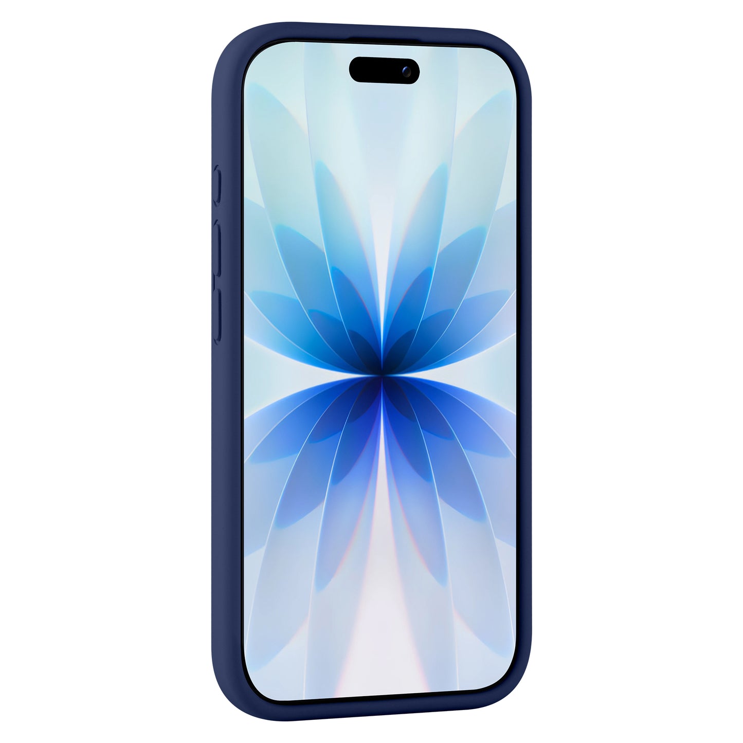 Ein arktis iPhone 17 mit einer blauen arktis Silikonhülle zeigt ein blau-weißes abstraktes Blumenmuster auf dem Bildschirm und unterstützt kabelloses Laden.